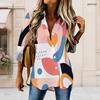 Women Plus Size Collared Long Sleeve Geometric Printed Button Front High Low Curved Hem Shirt