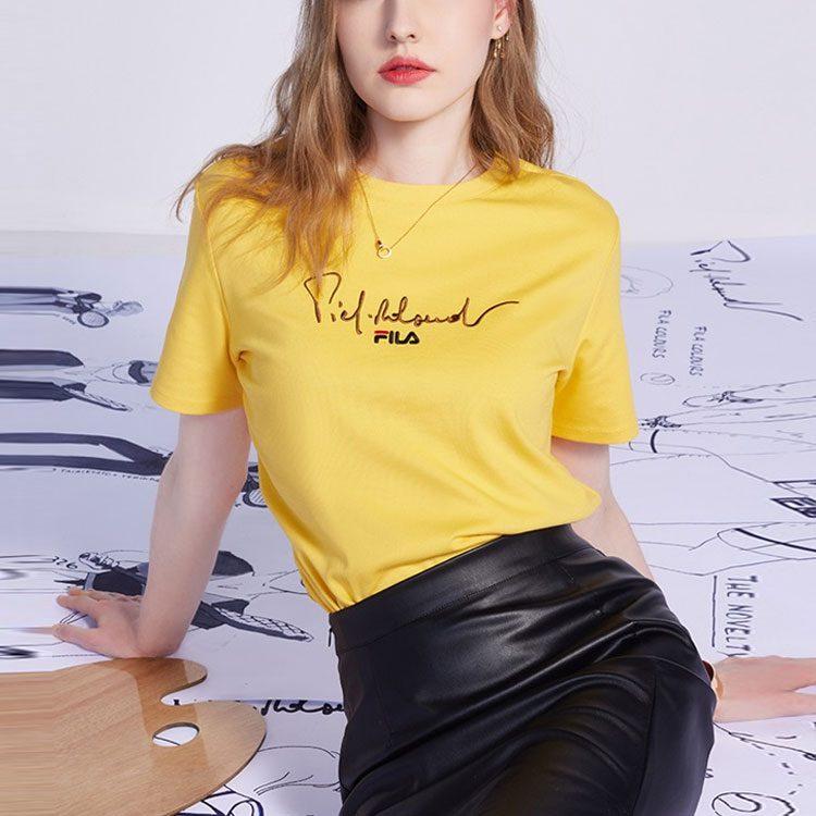 FILA T Shirts Women's Yellow Crew Neck Moderate Straight Fit F11W118102FYE