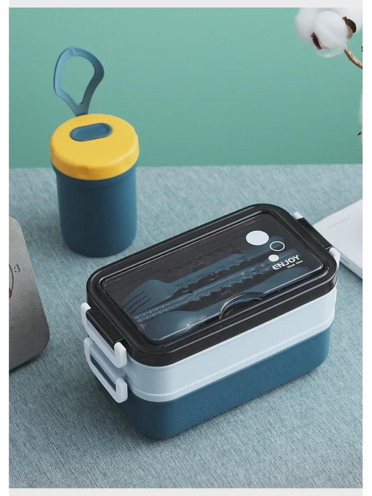 Microwaveable Double-Layer Plastic Lunch Box with Tableware
