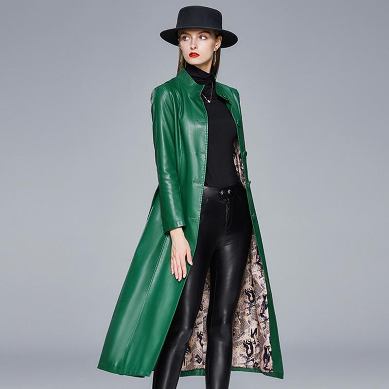 Женский ремень Длинный рукав Однобортный Роскошная мода Весна Осень Длинное черное Мягкое Водонепроницаемое Пальто из искусственной кожи