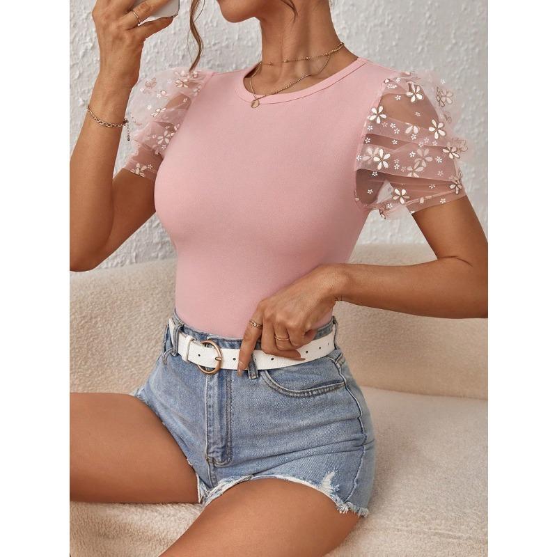 Женские модные повседневные летние весенние однотонные блузки и рубашки с короткими рукавами и круглым вырезом с принтом