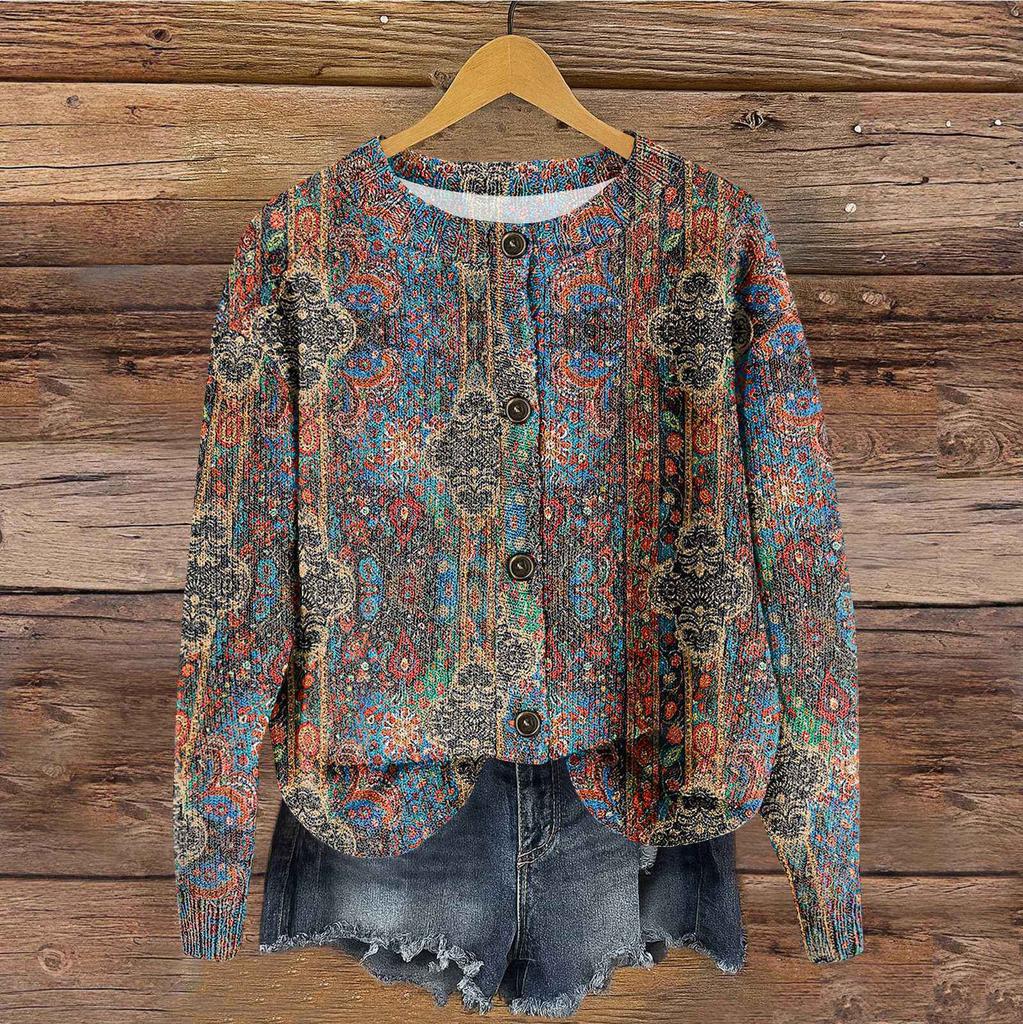 Women's Vintage Knit Button Vintage Print Cardigan Jacket