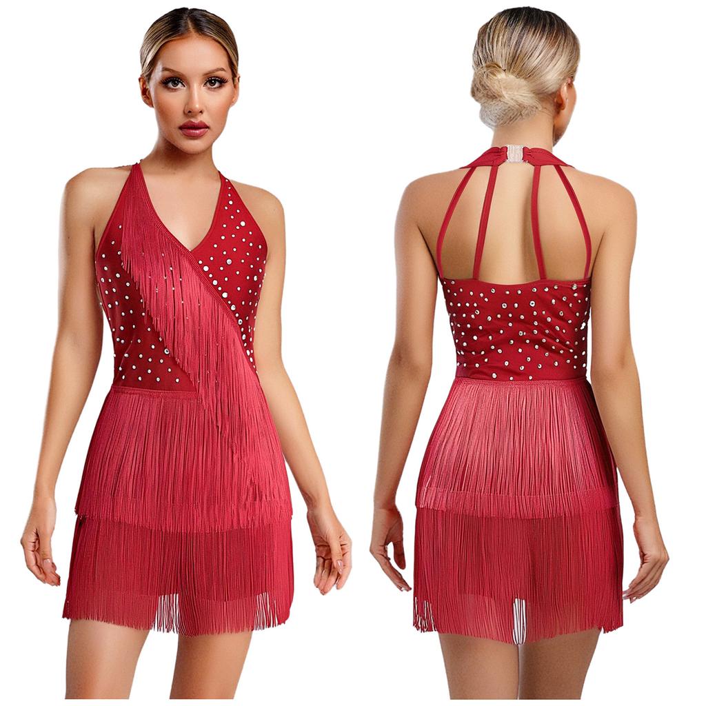 S-3XL Women Dance Bodysuit Halter Neck with Rhinestones Fringed Back Latin Tango Salsa Jazz Performance Costume Leotard