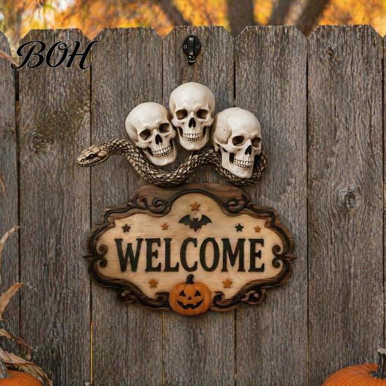 Creative Gift for Friends Halloween Wooden Welcome Sign, Spooky Skull Frog Crow Witch Door Hanger, Realistic Skeleton Sign 2D Wall Hanging Home Party