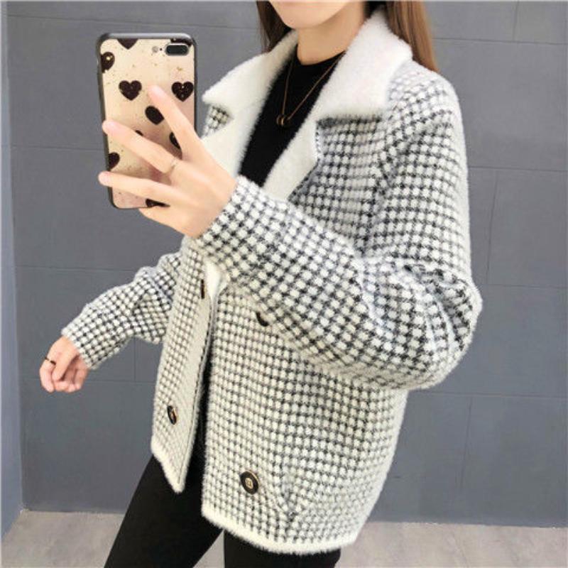 Cashmere Knitted Cardigan Coat Small Double Breasted Plaid Short Coat New Height and Thickness