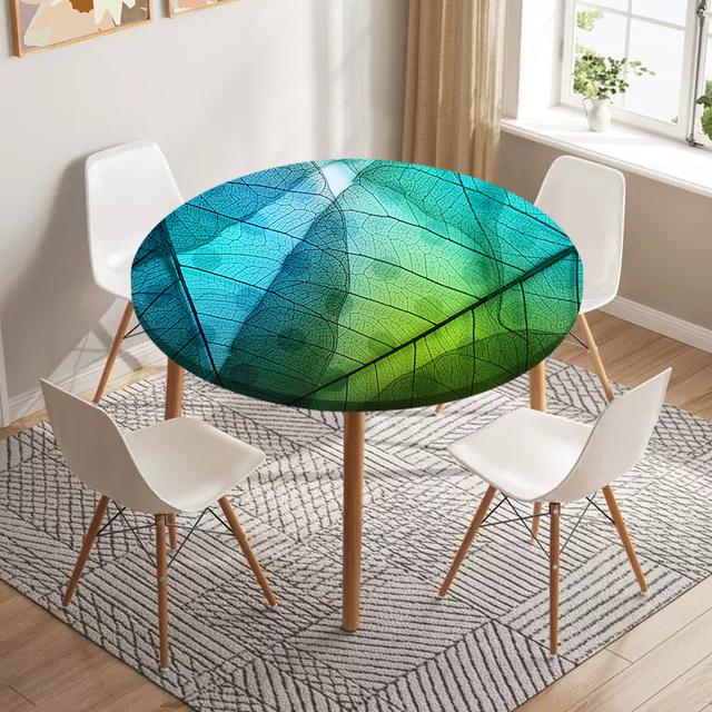Skeleton Leaves Round Fitted Tablecloth Waterproof Dining Table Decoration Accessories Classic Pattern Table Cover Kitchen Decor