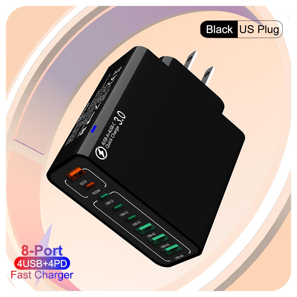 Быстрое зарядное устройство PD 55 Вт на 8 портов: 4 USB, 4 PD, QC3.0, Стандарт EU/US/KR