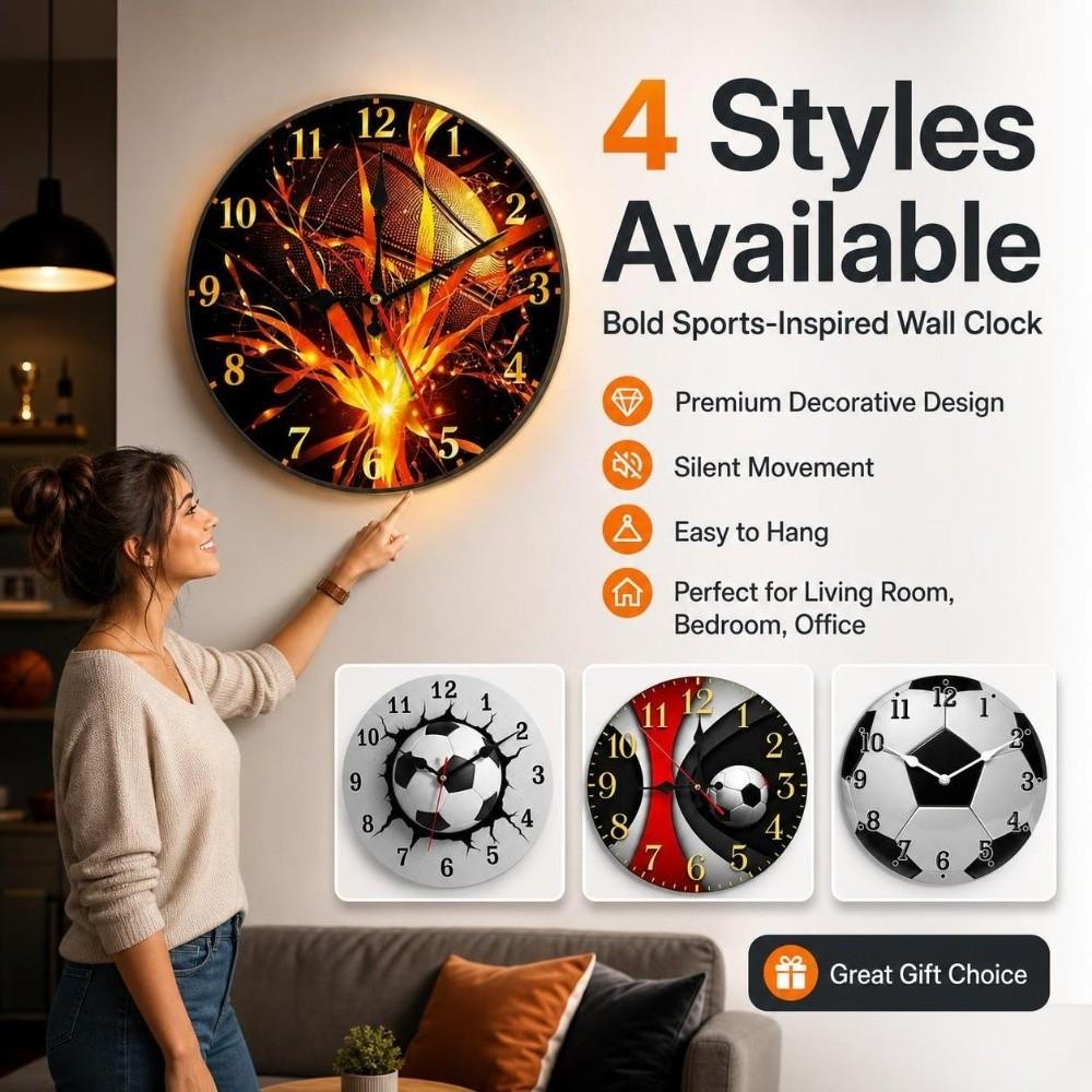 Solid Wood Football-Themed Wooden Clock Silent Soccer Quartz Clock Modern Round Wall Clock  Kitchen