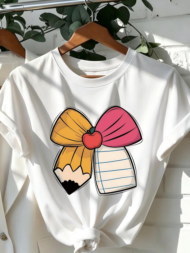 Playful Teacher Gift Apple Bow Printed Tshirt Casual Round Neck Short Sleeved Cotton Top Fashionable Womens Clothing