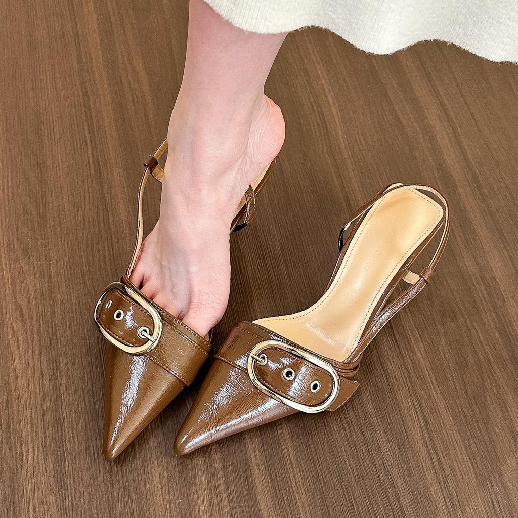 Stylish! Pointed Belt Buckle Shallow Mouth High Heels Women's 2024 Spring and Summer Thin Heel Cool Slippers