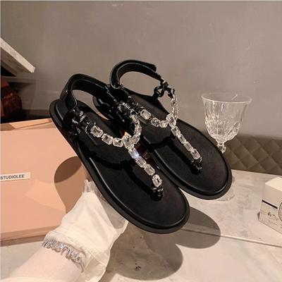 Виноградная мать того же стиля, письмо с побережья~ Сандалии на плоской подошве со сверкающими стразами, узлы из веревки, универсальные шлепанцы для пальцев, женские сум