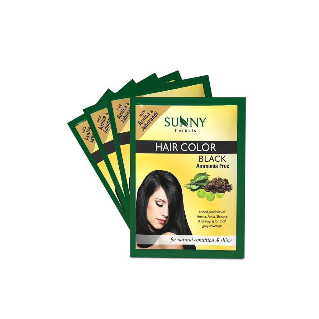 Sunny Herbals Черная краска для волос 20 г x Упаковка из 4 шт. | Хна, Амла, Шикакай и Бринградж | Стойкая, Без аммиака, Без силиконов, Унисекс