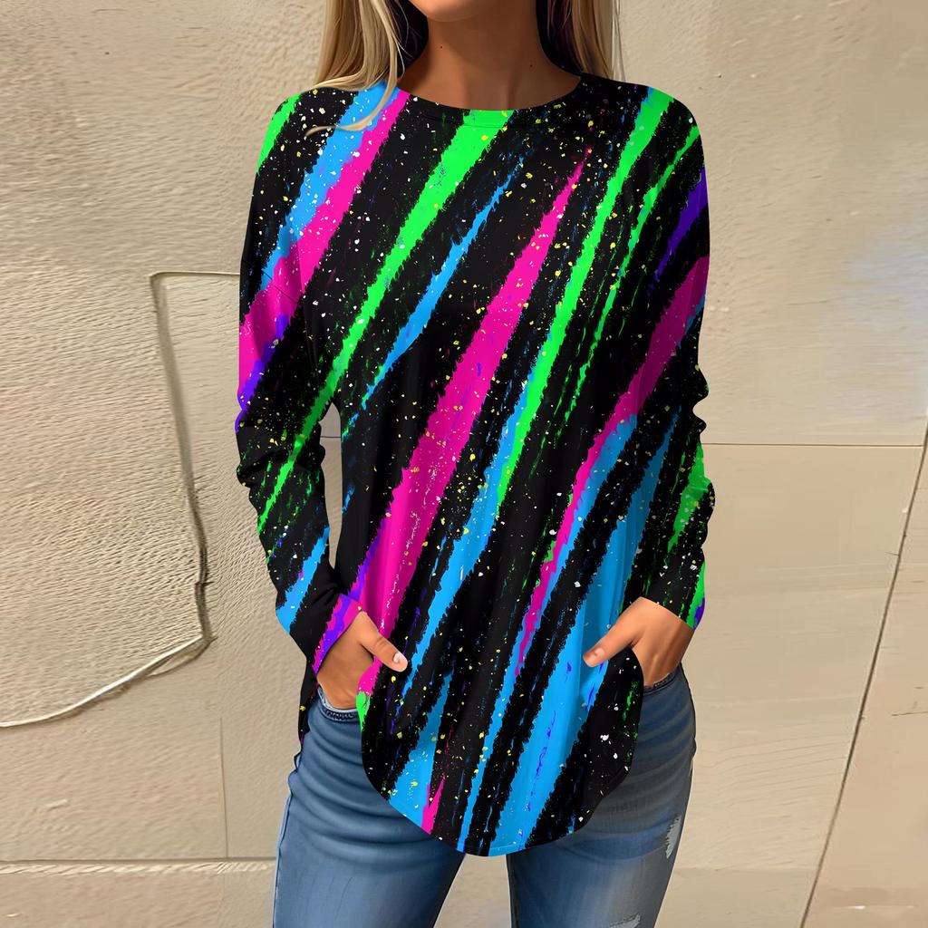 Tee Shirts For Women Fall Casual Long Sleeve Shirts Sweatshirt Geometric Stitching Printing Top Pullover