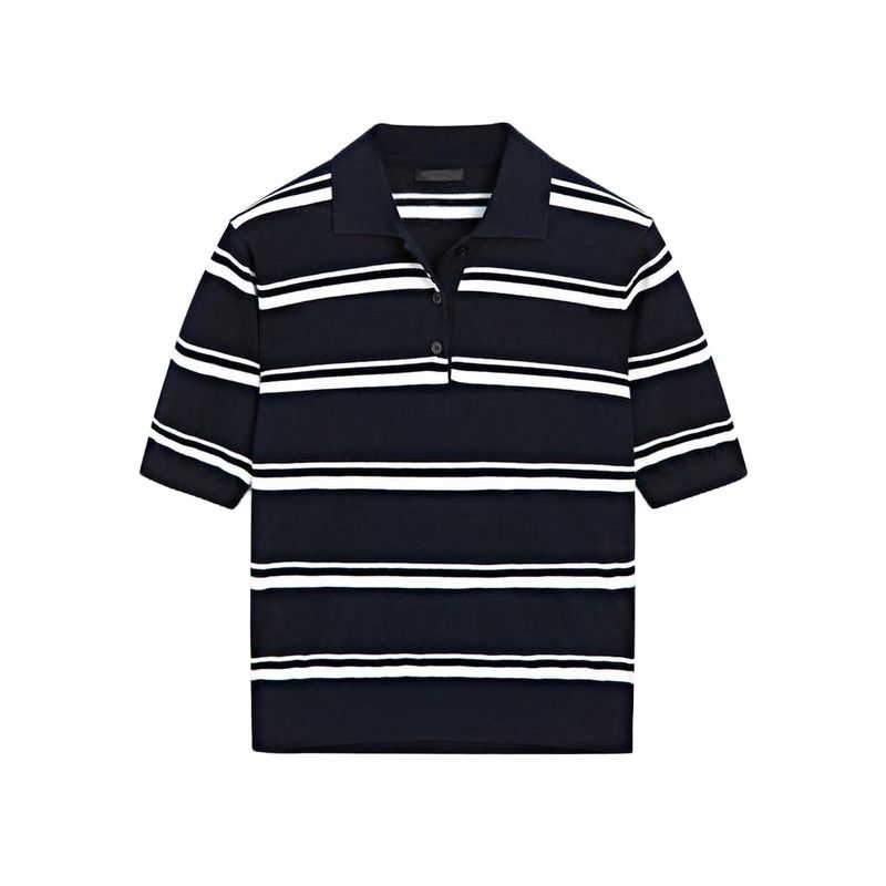MD Women's Spring Clothing American Preppy Style Sea Blue Stripes Slim Fit Short-Sleeved Knitting Polo Shirt 5664684