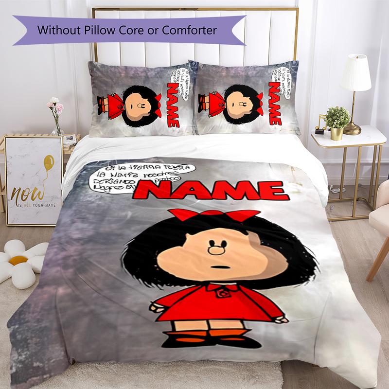3pcs Custom Name Cartoon Mafalda Bedding Set Duvet Cover Closure Includes 1 Duvet Cover & 2 Pillowcases for All Seasons Bedroom Decor