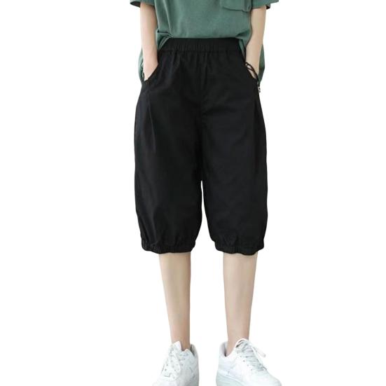 Women Shorts Mid-rise Elastic Waist Knee-Length Pants Solid Color Loose Fit Short Pants Streetwear