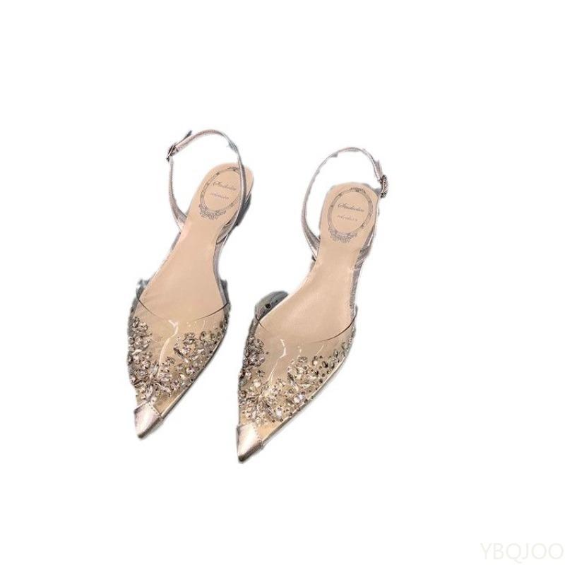 Fashion Summer Pointed Rhinestone Transparent Low Heel Flat Sandals Spring Summer New Styles Niche Baotou Style Women's Shoes