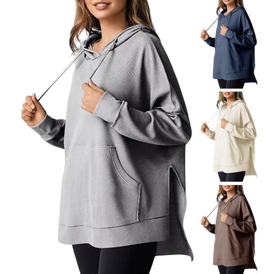 Осень-весна Женская толстовка с капюшоном, большим карманом, завязками на шнурке, свободным разрезом, однотонная вафельная текстура, свободный трикотажный спортивный топ