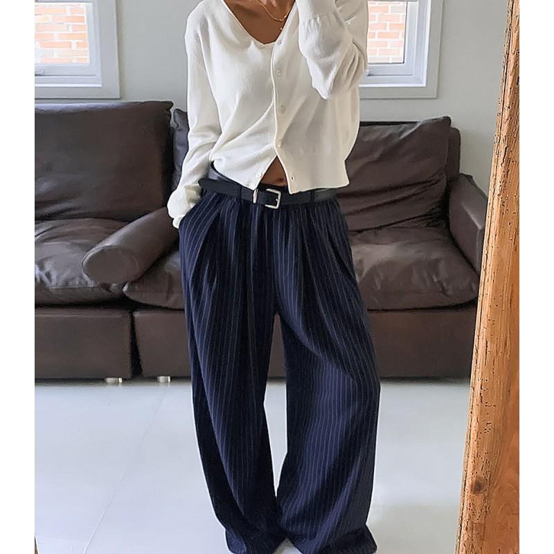 Womens High-Waisted Wide Leg Trousers With Color-Block Stripes Casual Office Pants Loose Fit