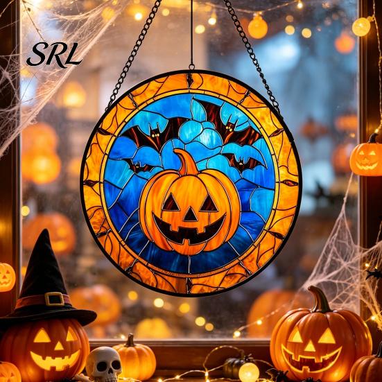 Horror Party Atmosphere Supplies Retro Halloween Pendant, Ghost/Bat/Spider Web/Pumpkin Head Print, Acrylic Disc Wall Decor Vintage Hanging Ornament