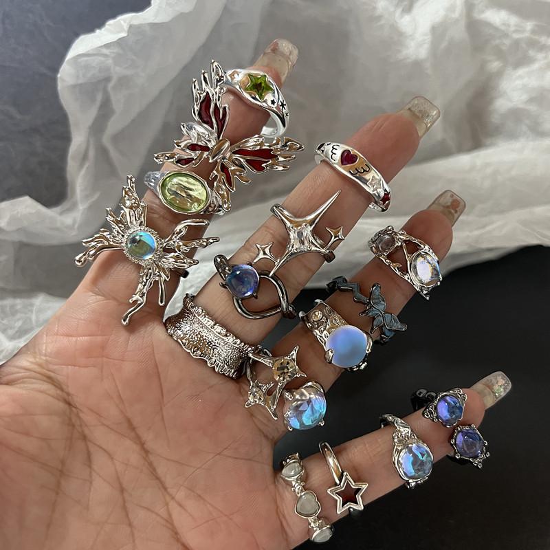 Y2K Кольца с кристаллами Kpop Сердце Регулируемое кольцо Неправильная геометрия Панк Винтажные кольца Набор для женщин и девочек Новые модные украшения