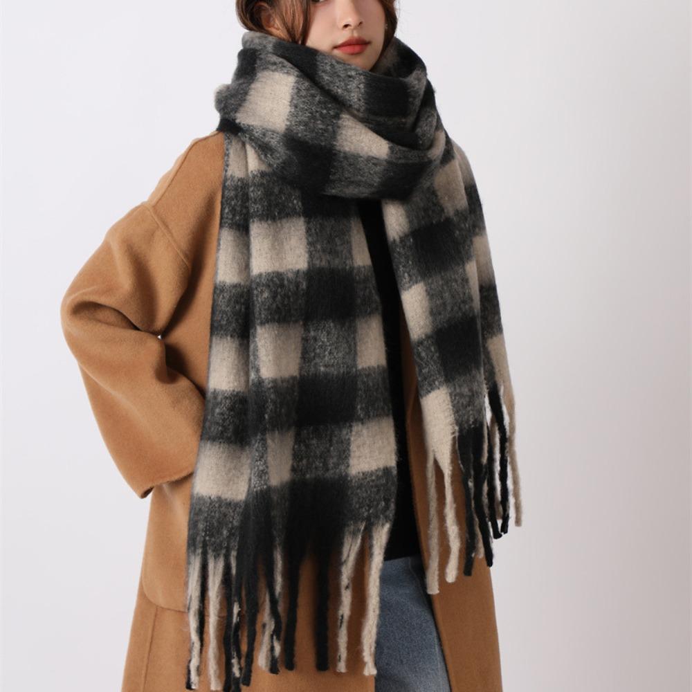 Plush Winter Cashmere Scarves Mohair Long Shawl Simple Plaid Wool Scarf Girl