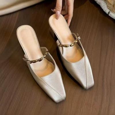 Модные туфли-мюли с блочным каблуком, новинка осени, с квадратным носком, мелким вырезом, металлической одинарной перемычкой, нескользящие туфли на каблуке-рюмочке