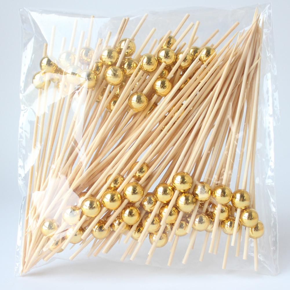 100/25Pcs Gold Pearl Cocktail Picks Food Fruit Picks Wedding Party Disposable Cake Dessert Cocktail Sticks Buffet Toothpick