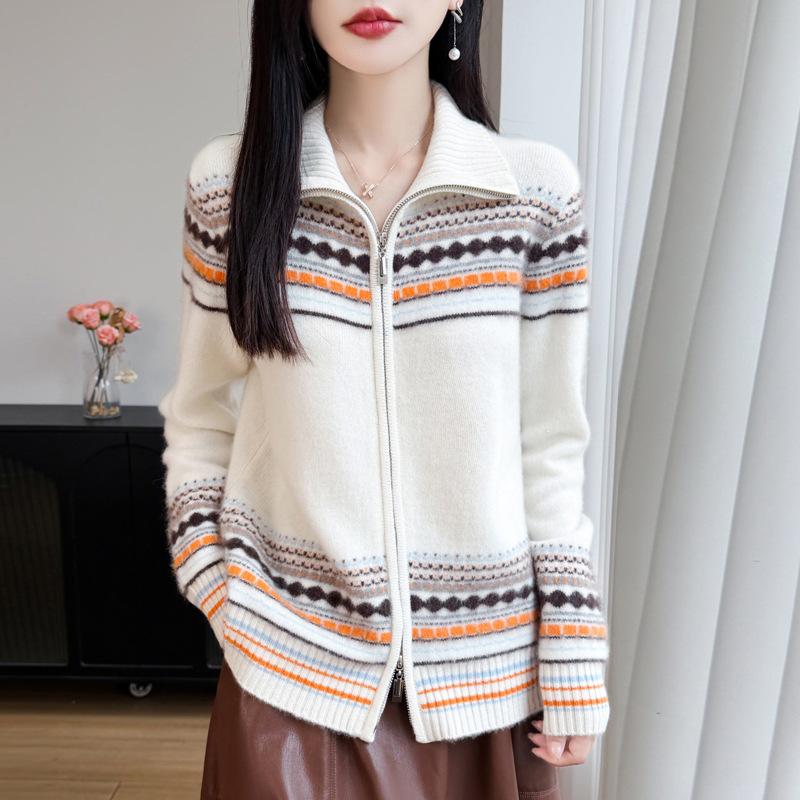 2026 Winter Pure Wool Thickened Lapel Knit Cardigan, Long Sleeve Double Zipper Fair Isle Jacquard Top