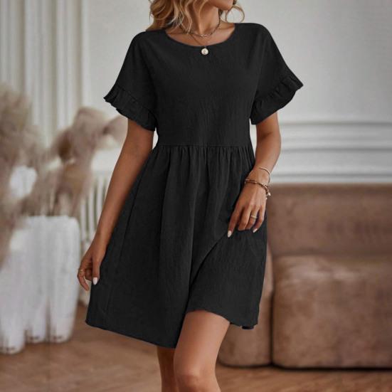 Летнее мини-платье с оборками, короткими рукавами, О-образным вырезом, плиссированное платье А-силуэта, однотонное платье со свободным подолом для свиданий, шопинга, путешествий