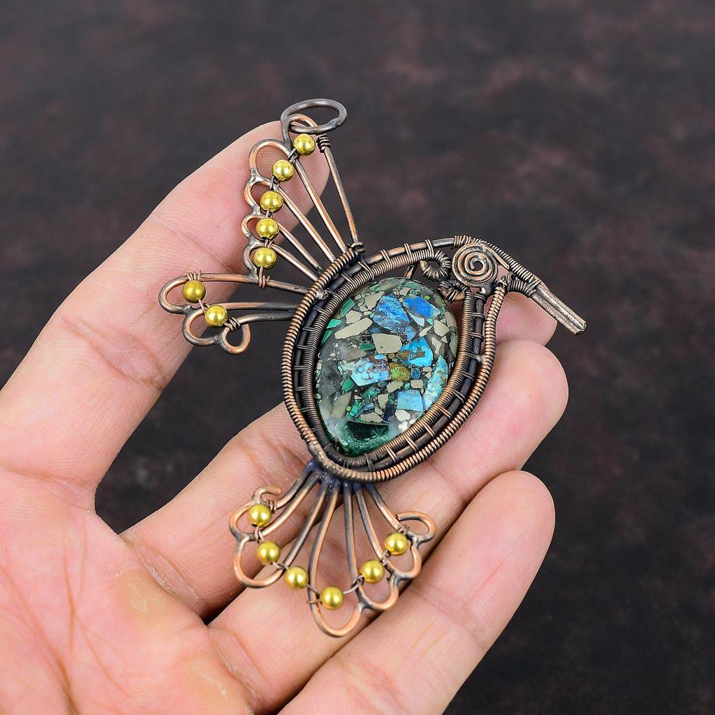 Подвеска из медного лазурита и малахита, подвеска из медной проволоки, ювелирные изделия из натурального драгоценного камня, подвеска в виде птицы ручной работы, подарок для нее, ювелирные изделия из медной проволоки