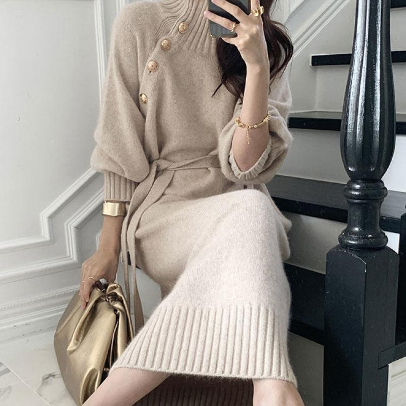 Осеннее трикотажное платье, женское водолазка с длинным рукавом, платье-свитер, зимнее вязаное корейское модное свободное платье-туника, пуловер