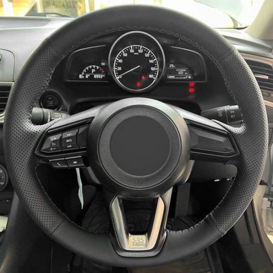 All Black Sewing Steering Wheel Leather Cover Trim For Mazda CX-3 CX3 2018