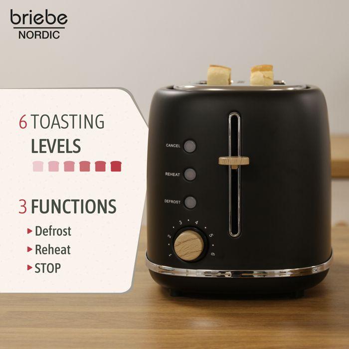 Nordic Grille Pain 2 Fentes, Tranches Larges, 6 Niveaux de Dorage, Décongélation Briebe TA1166BLK 870W Noir 03974