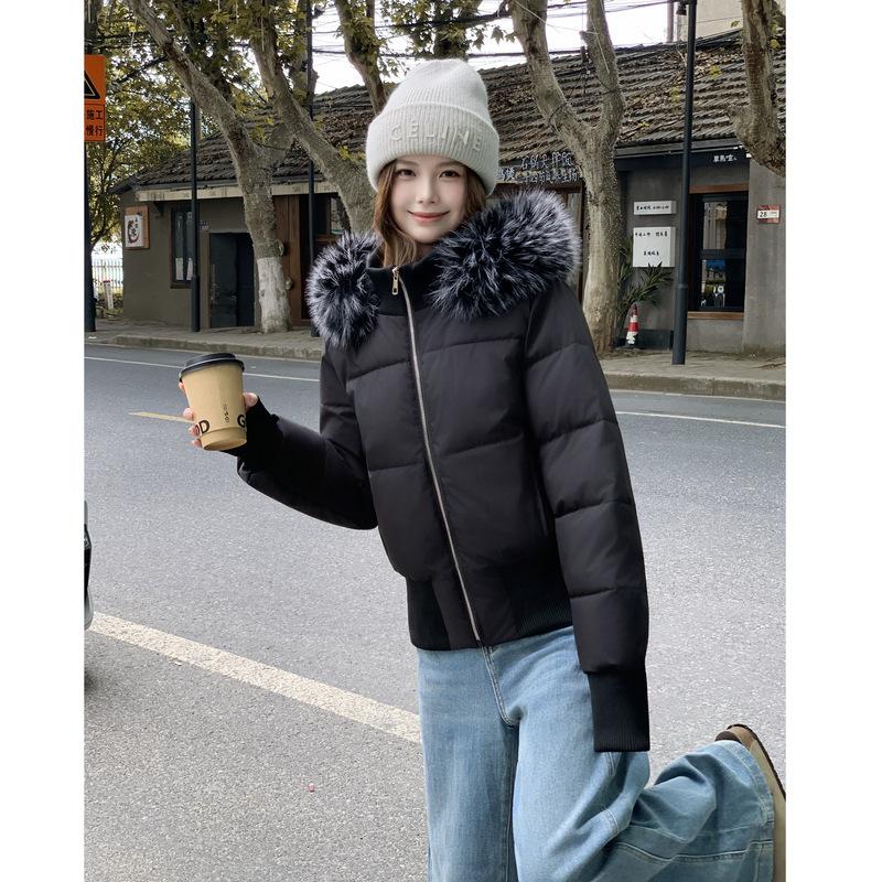 Women Short Medium Length Down Jacket Winter Warm Stand Collar Solid Color Casual Outerwear Coat