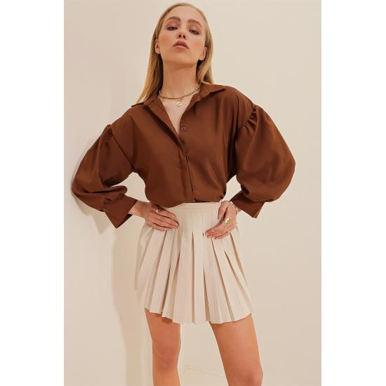 Women's Brown Concealed Pleat Balloon Sleeve Basic Poplin Shirt