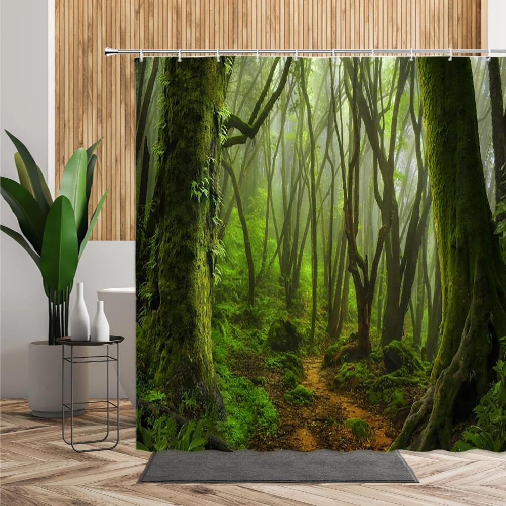 3D Тропический лес Природный пейзаж Водонепроницаемая занавеска для душа Зеленые деревья Мох Густой лес Перегородка для ванной Экран для ванной Занавеска для ванной