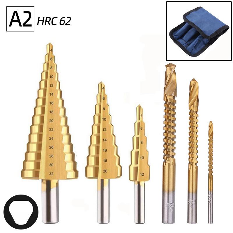 6Pcs HSS Steel Titanium Step Drill Bit Set 4-12/20/32mm Metal Hole Cutter Wood Cone Core Drilling Hole Saw Tool+3,6,8 Saw Drill