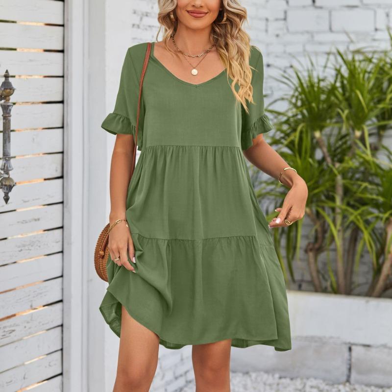 Women's Dress Summer Casual V-Neck Babydoll Pleated Dresses