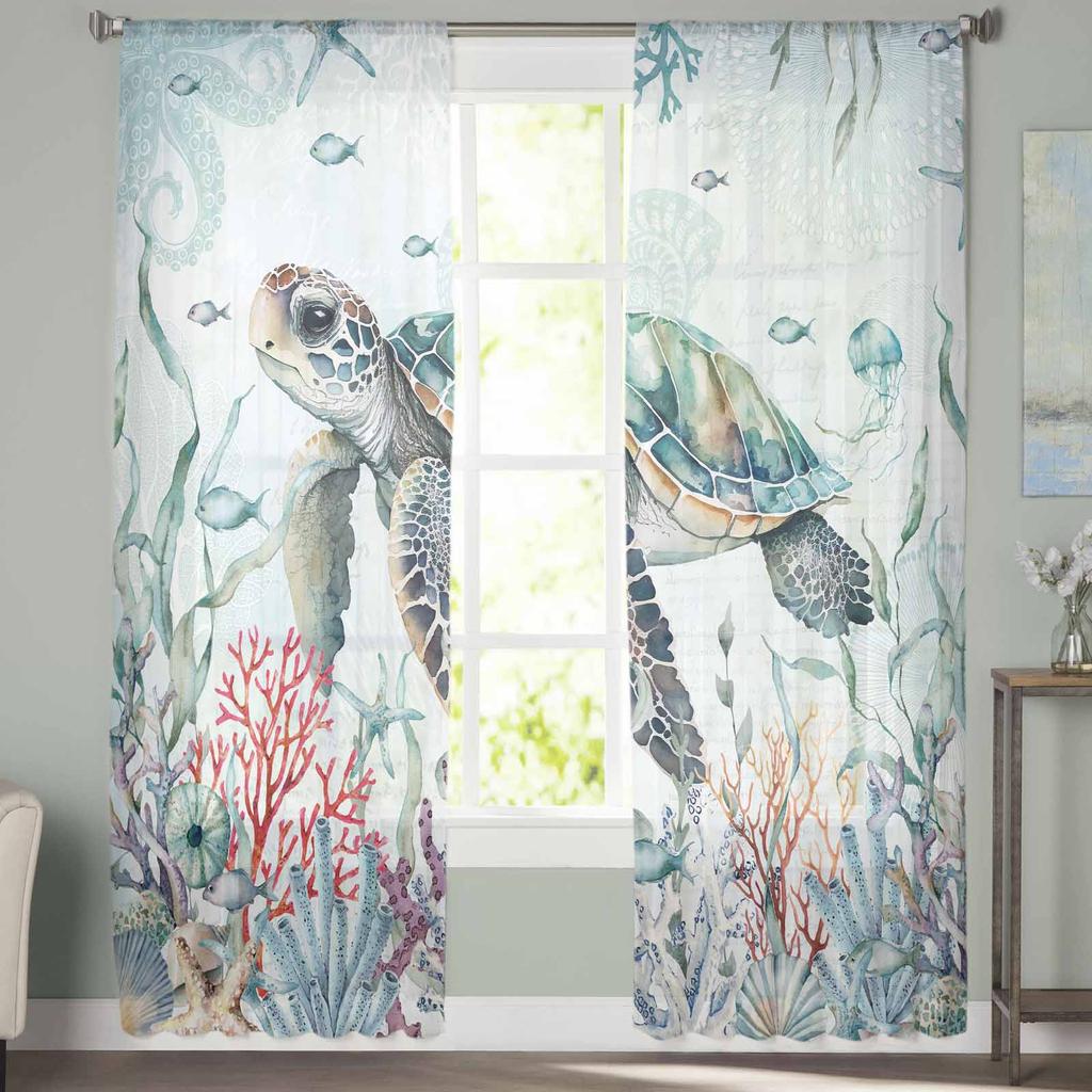 Летние Океан Коралловая Морская Звезда Морская Черепаха Тюлевые Оконные Шторы для Спальни Роскошный Домашний Декор Драпировки в Гостиной Шифоновые Панели