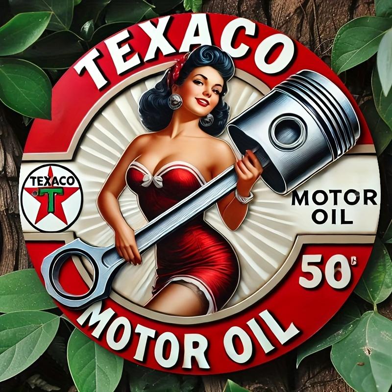 Vintage D Printed Texaco Themed Round Metal Wall Plaque Featuring Classic Car Pin Up Girls Decorative Tin Sign for Garage and S