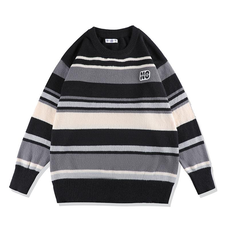 Мужской свободный полосатый свитер с круглым вырезом, осенний вязаный пуловер большого размера, зимний теплый трикотаж