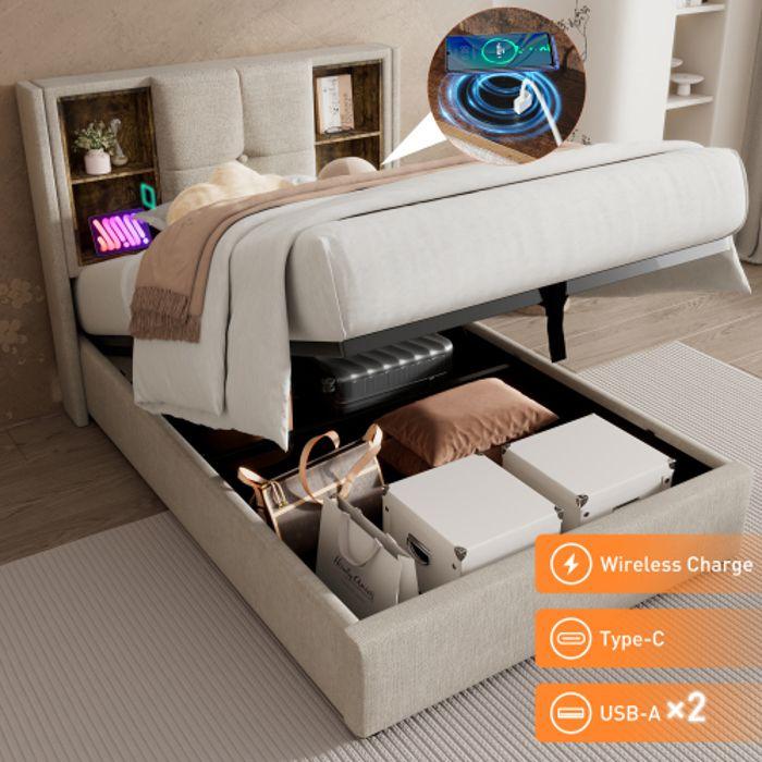 Lit simple - MUVOE - 90x200cm - Recharge sans fil USB C - Rangement intégré - Matelas inclus