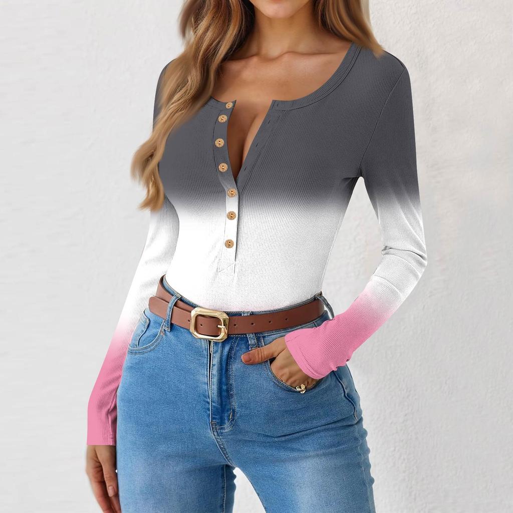 Женская и зимняя футболка с тонким низом, модная повседневная футболка с градиентным принтом и круглым вырезом, пуловер с длинным рукавом