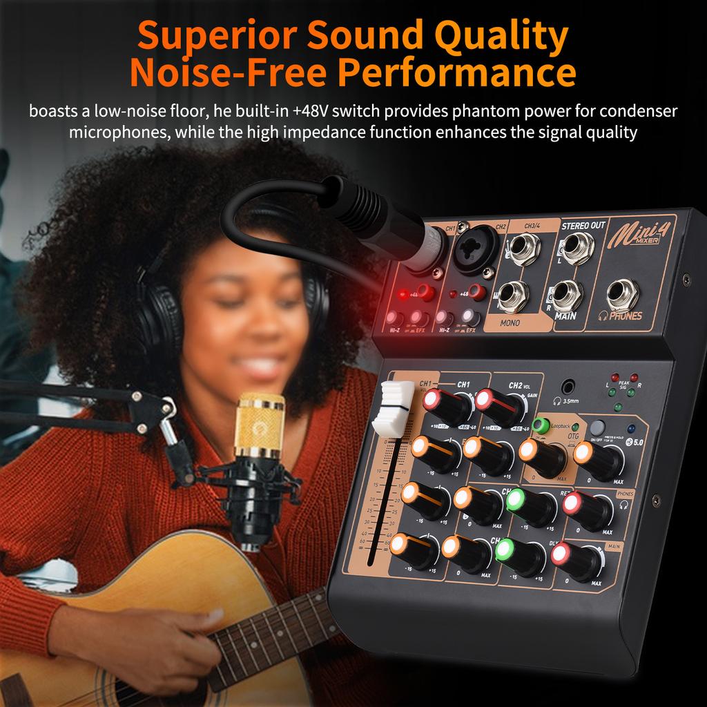 Audio Mixer Portable 4-Channel DJ Mixer Console Mini Sound Mixing Board with USB BT 48V Phantom