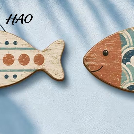 Coastal Wall Decor 4PCS Rustic Wooden Fish Decor, Mediterranean Style Hanging Plaques, Blue Bathroom Plaques And Brown Finish Nautical Seaside Art for