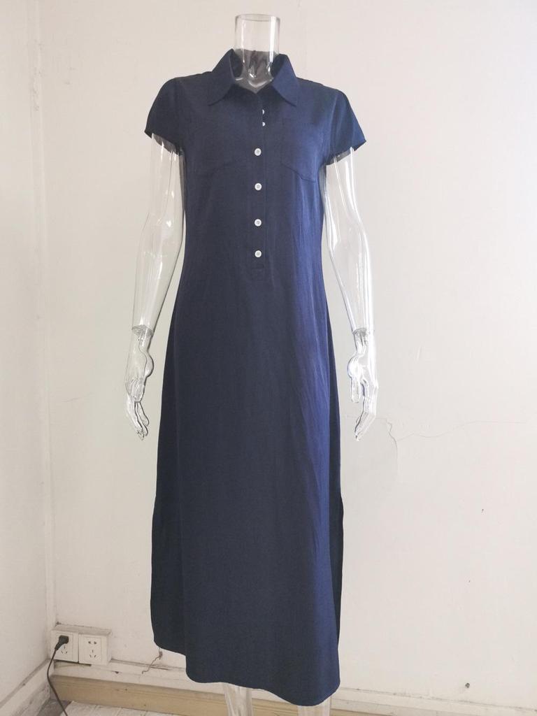 Повседневное джинсовое платье макси в европейско-американском стиле 2022 года с воротником-стойкой, прорезными карманами и юбкой-солнце