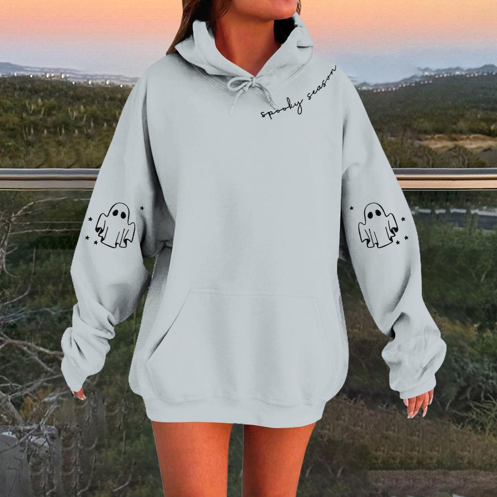 Женский однотонный пуловер с длинным рукавом, капюшоном и повседневным принтом на Хэллоуин