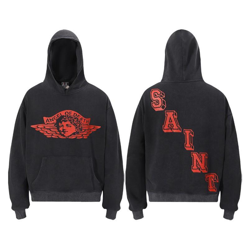 Saint Michael Angel Print Hoodie Men Women American Streetwear Washed Pullover Sweatshirt Casual Loose Fit