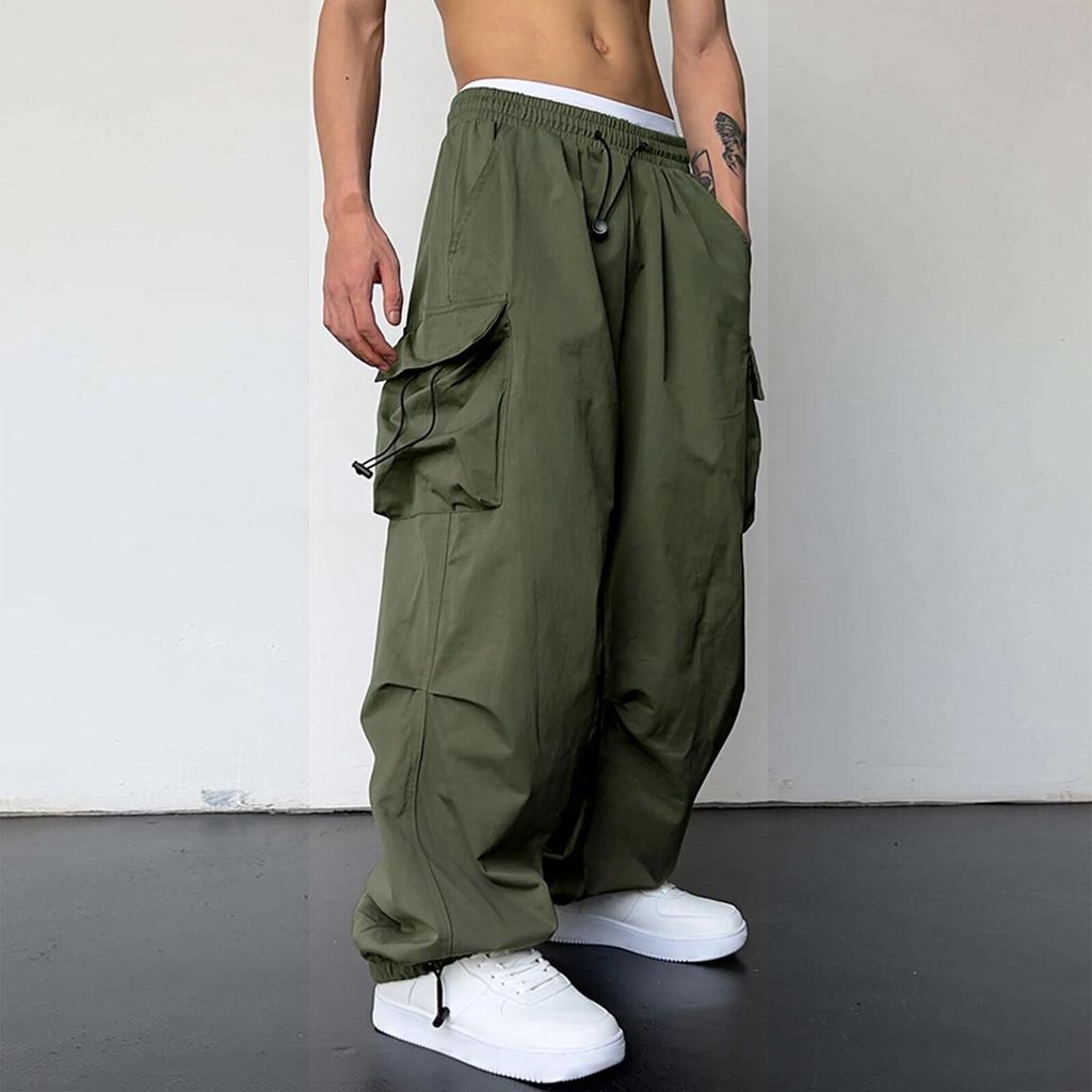 Men Cargo Pants Multi Pocket Oversized Solid Color Elastic High Waist Deep Crotch Ankle-banded Soft Breathable Hip Hop